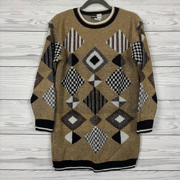 Beldoch Popper Sweaters - Vintage 90’s Beldoch Popper Geometric Print Gold Acrylic Sweater Size Medium
